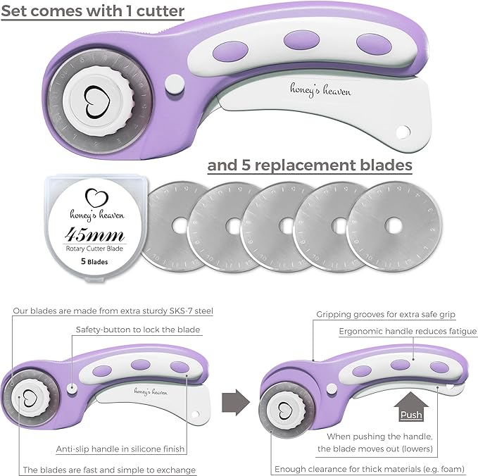 Rotary Cutter Set lavender - Quilting Kit incl. 45mm Rotary Cutter, 5 Replacement Blades, A2 Cutting Mat, Acrylic Ruler and Craft Clips - Ideal for Crafting, Sewing, Patchworking, Crochet & Knitting