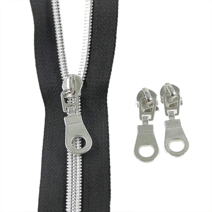 Leekayer #5 Silver Metallic Nylon Coil Zippers by The Yard Bulk 10 Yards Black Tape with 25pcs Silver Sliders for DIY Sewing Tailor Craft Bag(Black)