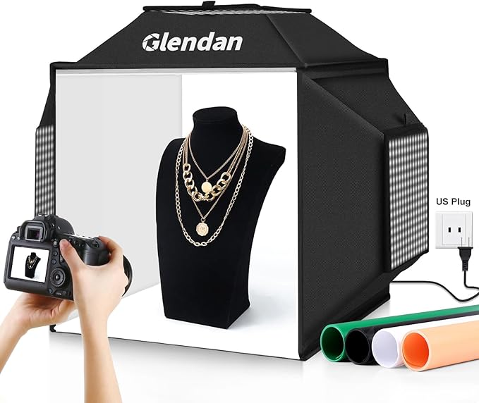Glendan Upgrade Professional Portable Photo Studio Light Box with 1222 LED Lights, 20"x20" Soft Box, 4 Color PVC Backdrops for Jewelry and Product Photography