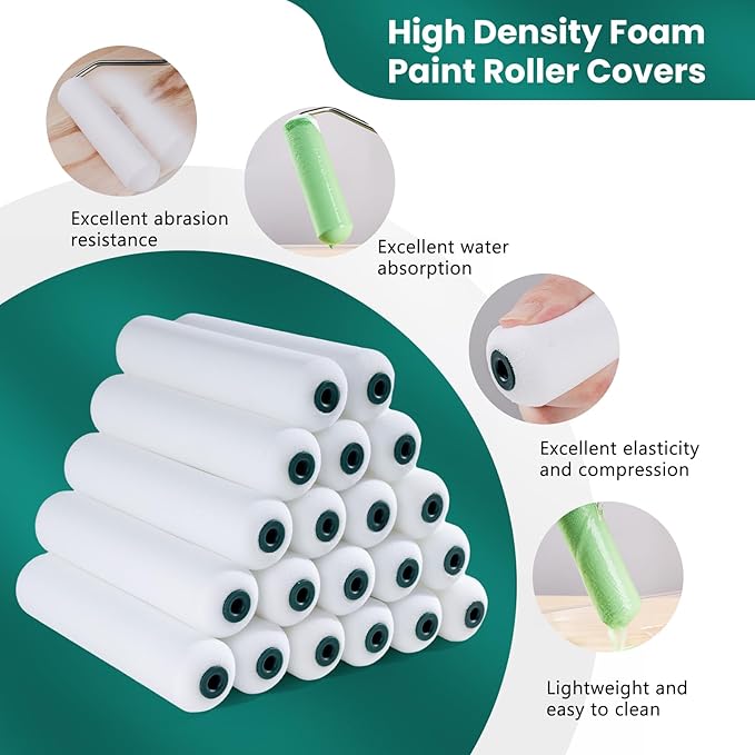 Foam Paint Roller, 20 Pack, 6 Inch Mini Paint Roller Covers, High Density Foam Paint Roller, Small Paint Rollers for All Flat Surfaces, Suitable for Wall，Kitchen Cabinets, Doors, Tables