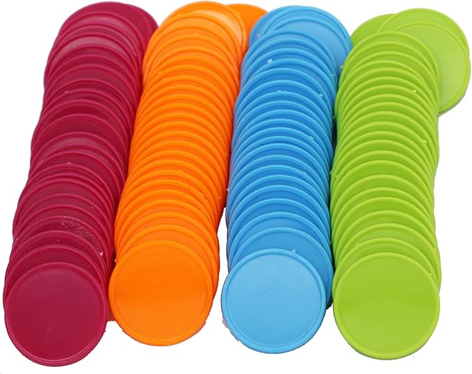 Set of 100 Opaque Plastic Learning Counters Mini Poker Chips Game Tokens with Storage Box (Mediumvioletred+Lawngreen+Deepsky Blue+Orange, 1.58 Inch)