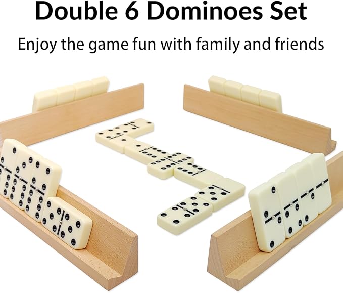 Dominos Set for Adults with 4 Wooden Racks, Double 6 Dominoes Game Set with 28 Colored Domino Tiles Double Six Dominos Set with Travel Case - Classic Board Games