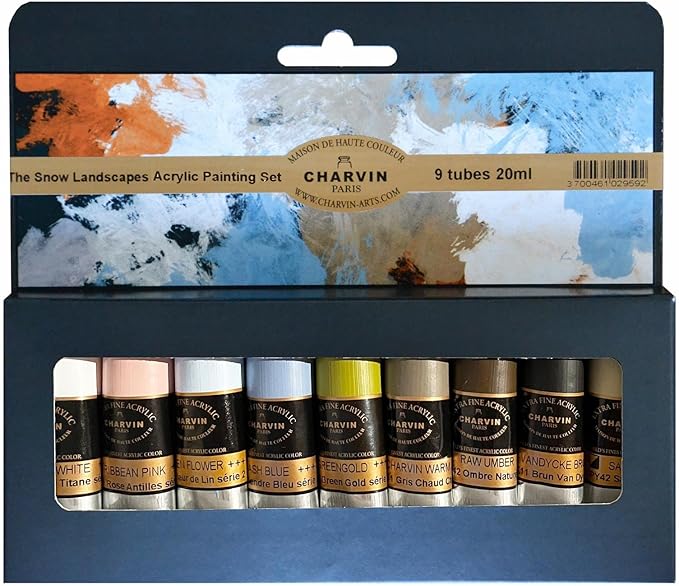 Charvin Extra Fine Professional Acrylic Paint Set for Artists, Snow Landscape - Bonjour Set of 9, 20 ml Tubes, Triple-Milled, Lightfast Pigments, Artist Acrylic Paints in Nature-Inspired Hues