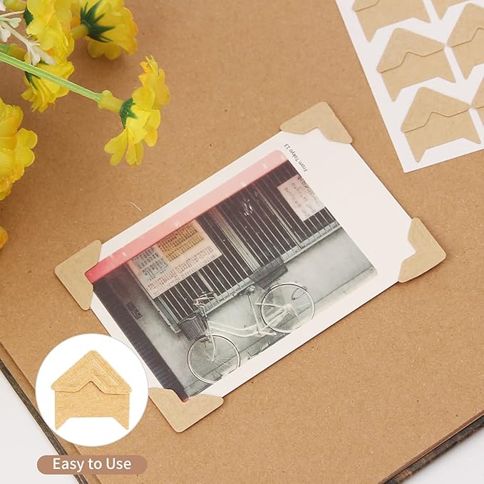 GOONAVI 15 Sheets 360 Pcs Cowhide Acid-Free Photo Corners Mounting Self Adhesive for DIY Photo Album Journal