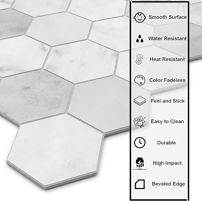 The Tiles Plaza 10-Sheet Peel and Stick Backsplash, Carrara White Hexagon Stone Composite Marble Looks Self Adhesive Wall Tile, Stick On Tiles for Kitchen Bathroom Shower, Cover 9 Sq Ft.