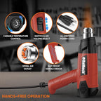 ROMECH 1500W Heavy Duty Heat Gun, Variable Temperature Control Hot Air Gun Kit with 2 Air Flow 120°F~1200°F and 4 Nozzles for Crafts Shrink Wrap (Red)