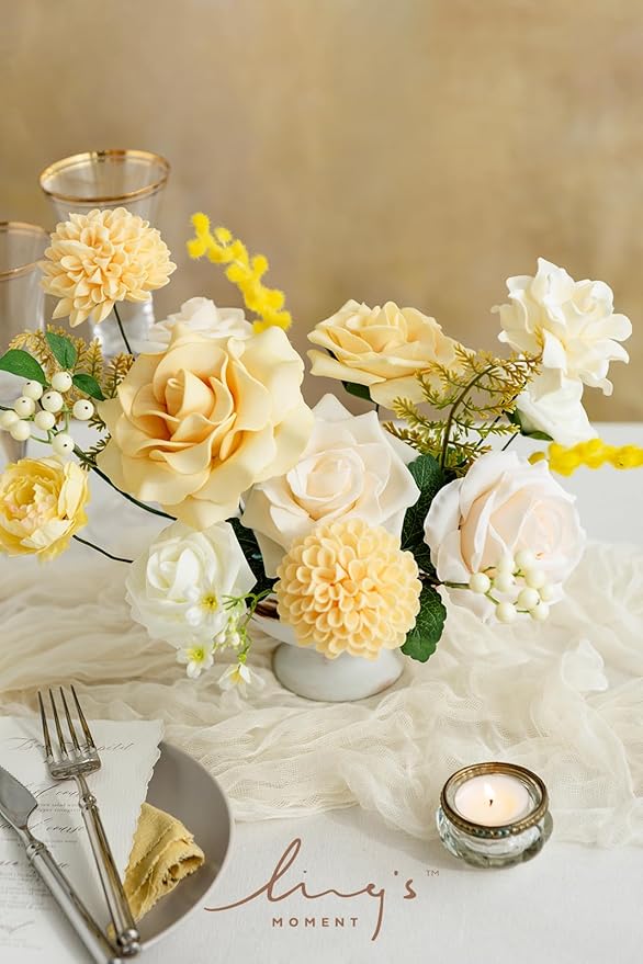 Ling's moment Creamy Yellow Dahlia Foam Artificial Flowers Real Touch Faux Fake Flower for Home Decor Graduation Baby Shower Decorations Outdoors Party Favors Wedding Centerpieces Arrangements 25pcs