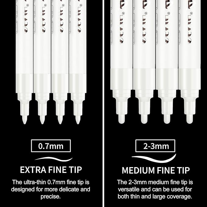 SFAIH Acrylic White Paint Pens - 8 Pack 2-3MM Medium Tip & 0.7MM Extra Fine Paint Marker for Rock Painting, Wood, Metal, Fabric, Plastic, Canvas, Glass, Ceramic, Diy Crafts, White Out Pen