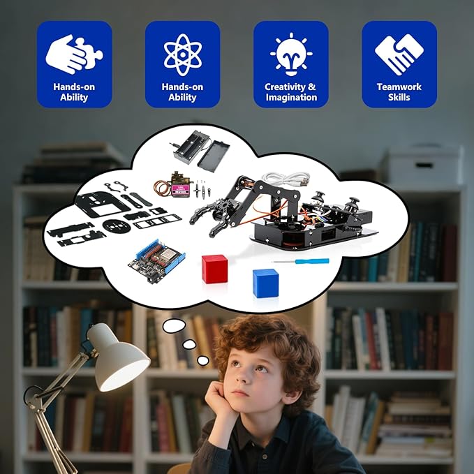 4DOF Robotic Arm Kit for Kids Compatible with Arduino IDE, Programming ESP32 Smart Robot Arm Building Kit STEM Educational Desktop Toy with Joystick and Web App Control for Children Ages 8+ and Adults