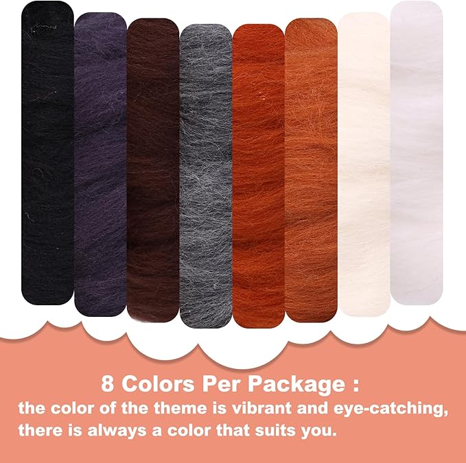 Wonvoc Needle Felting Wool 2.82 OZ (80 g), 8 Colors Wool Roving, Felting Wool Bulk, Wool Roving for Needle Felting, for DIY Craft Materials, White, Black, Brown