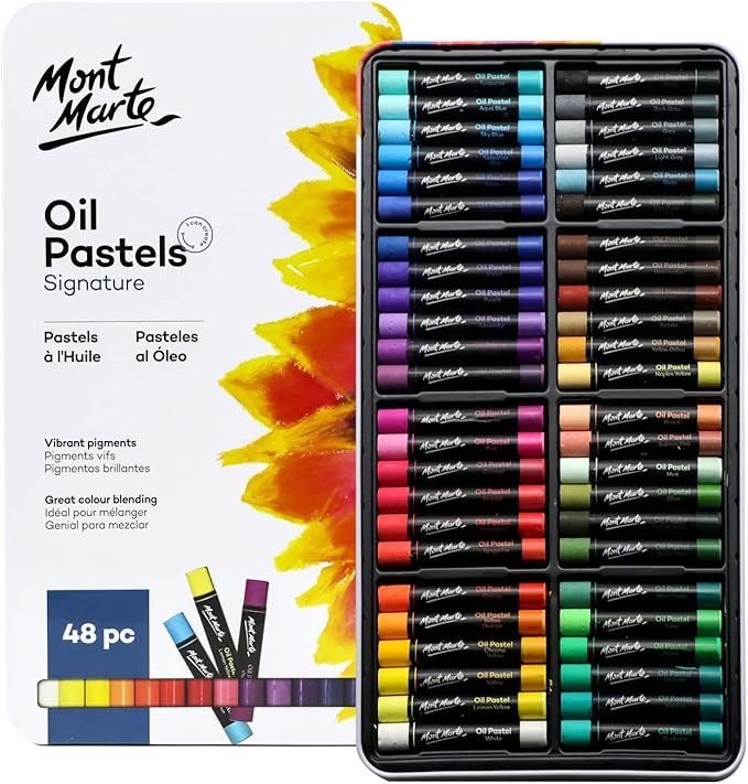 Mont Marte Oil Pastels in Tin Box Signature 48pc, 48 Assorted Colors, Vibrant Oil Pastel Set, Great Blending and Layering, Comes in Storage Case, Ideal for Art, Craft, Coloring and Sketching