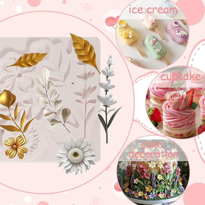 1 Pcs Flower Fondant Mold for Cake Decoration, Leaf Chocolate Silicone Mold, Exquisite Flower and Leaf Shape is Perfect for Wedding Desserts, Candy, Sugar Craft, Gum, Resin, Clay