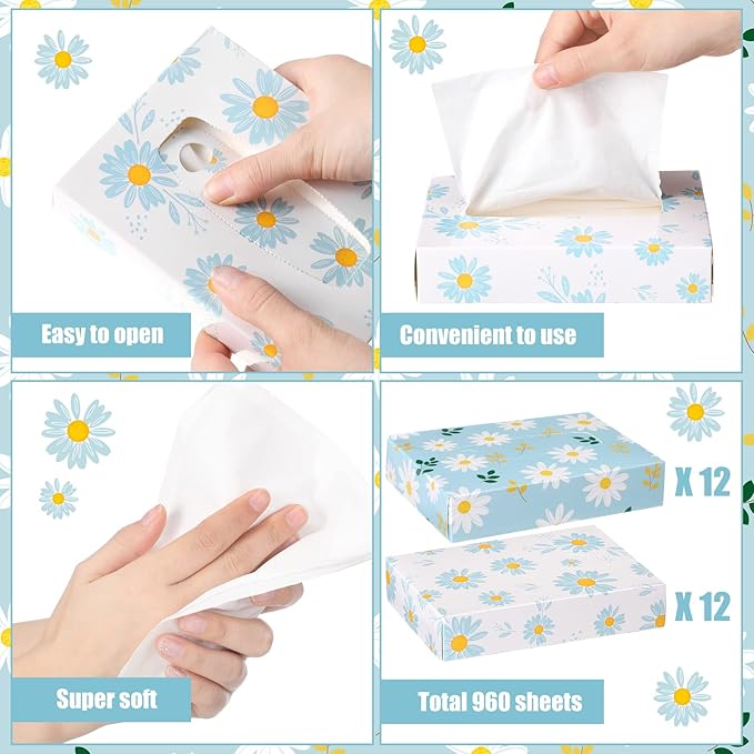 Yinder 24 Packs 960 Sheets Tissue Cube Car Facial Boxes Disposable Facial Travel Tissues Holder Soft Watercolor Boxes 2 Ply 40 Sheets for Wedding Household Car Kitchen Bathroom(Fresh Daisy)