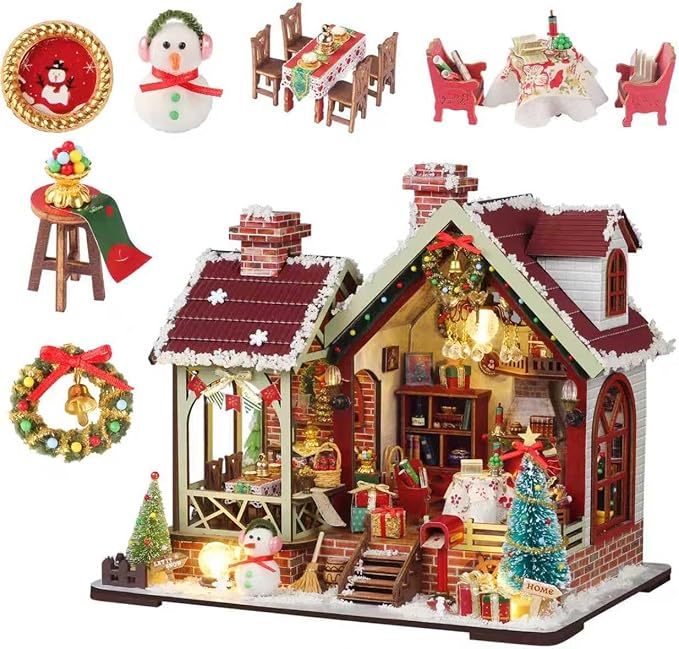 DIY Miniature House Kit, Miniature Kit with Music, Dollhouse Kit for Adults Teen, Mini House Building Kit for Birthday, Christmas Warm Lodge