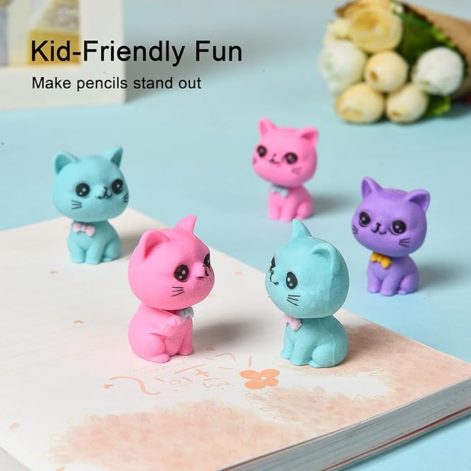 HILAZA 18Pcs Pencil Top Erasers for Kids, 3D Cute Cat Pencil Toppers, Bulk Fun Pencil Cap Easters for School Classroom Supplies Prize Gifts Party Favors