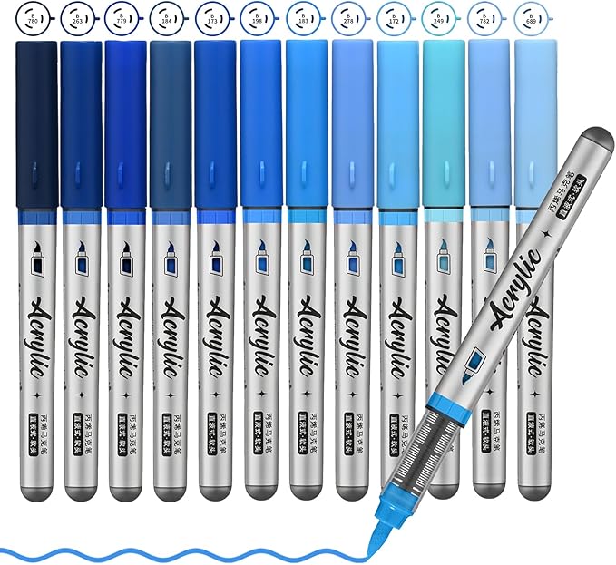 Blue Acrylic Paint Pens,12 Color Paint Pens Markers,Brush Tip Paint Pens for Rock Painting Wood Glass Ceramic Canvas Stone DIY Crafts Making Art Supplies