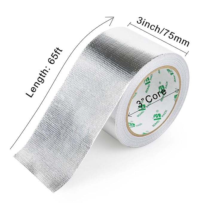 BOMEI PACK Adhesive Aluminum Foil Heat Shield Tape Barrier 3in x 66ft, Fiberglass Thermal Insulation Reflective Material High Temp Protection