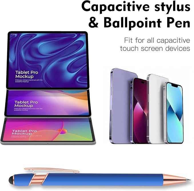 12 PCS 2 in 1 Stylus Ballpoint Pen with Stylus Tip, 1.0 mm Black Ink Metal Pen Stylus Pen for Touch Screens (Rose Gold & Light Blue)