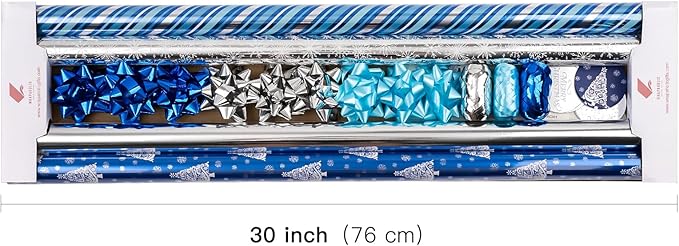 WRAPAHOLIC Blue Christmas Wrapping Paper Set - Blue and Silver Metallic Foil Shine Christmas Wrapping Paper Bundle with Gift Bow & Ribbon & Tag & Sticker