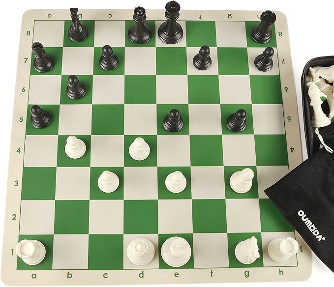 4" King Tournament Chess Set Foldable 20" Silicone Chess Board Mat with 2.2" Squares Green Color, Weighted Chess Pieces- 2 Extra Queens, Carrying Case for Storage and Travel