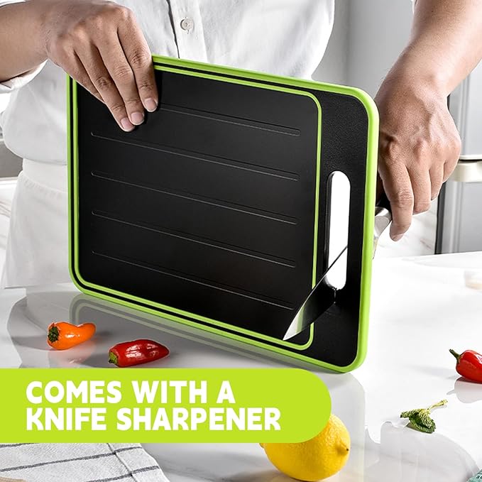 Cutting Board Double Sided,2 Pcs Vegetable Board With Sharpening Stone,Large Size+Small Size,Food Grade Stainless steel and Wheat straw PP Material,Eco-Friendly (khaki)