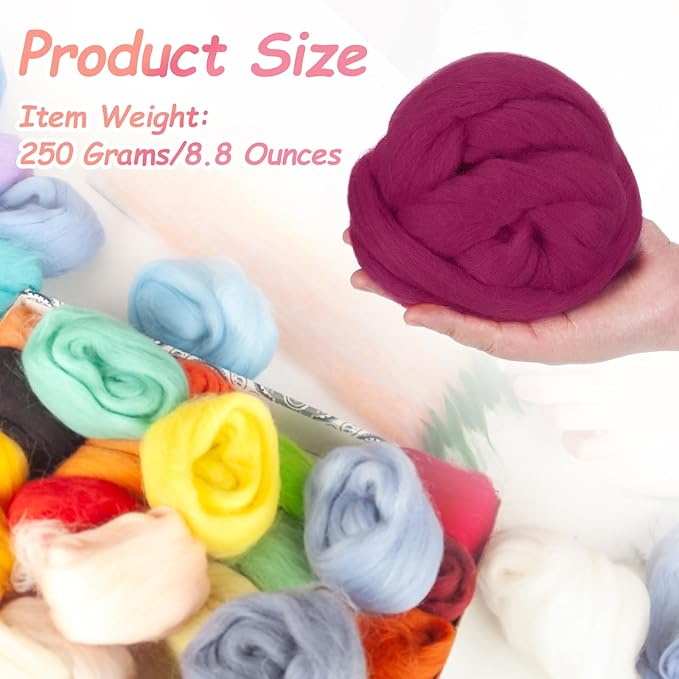 PATIKIL Wool Roving Yarn, 250G/8.8OZ Felting Wool Pure Roving Yarn, Rose Red