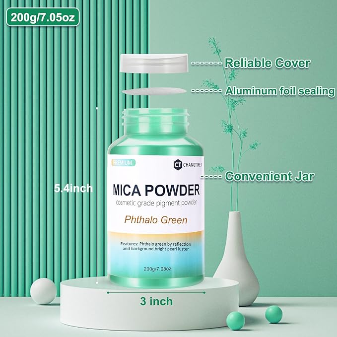Mica Powder,7.05OZ（200g）,Phthalo Green Mica Powder Pigment for Epoxy Resin，Lip Gloss，Car Paint，Dye，Soap Making，Nail Polish,Epoxy Resin,Candle Making,Bath Bombs