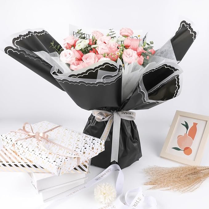 FUHITIM 20 Sheets Flower Wrapping Paper - Waterproof Floral Bouquet Wrapping Paper, Florist Supplies Packaging Paper for Wedding Birthday Gift DIY Crafts (Black)