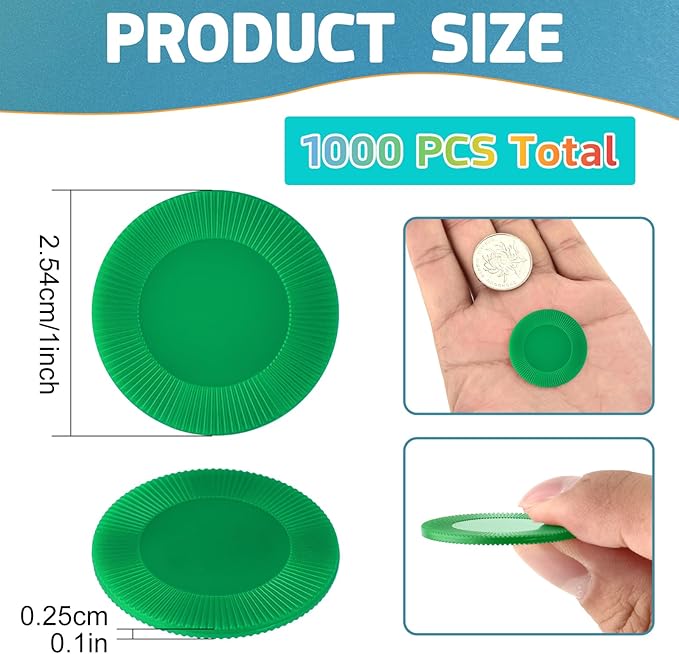 Coopay 1000 Pieces Plastic Poker Chips, Bingo Chips Bulk Learning Counters Disks Poker Card Game, Counting Markers for Math Practice, Game Tokens and Teaching Rewards, 25 mm/ 1 Inch (Green)