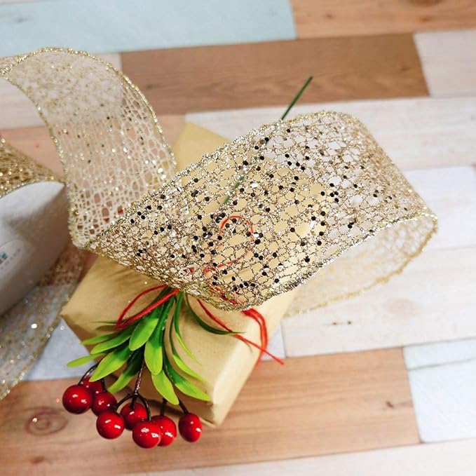 CT CRAFT LLC Sparkling Glitter Mesh Wired Ribbon 2.5" x 10 Yards Champagne Gold for Christmas Home Decor Bow Gift Wrapping DIY Crafts Wreath