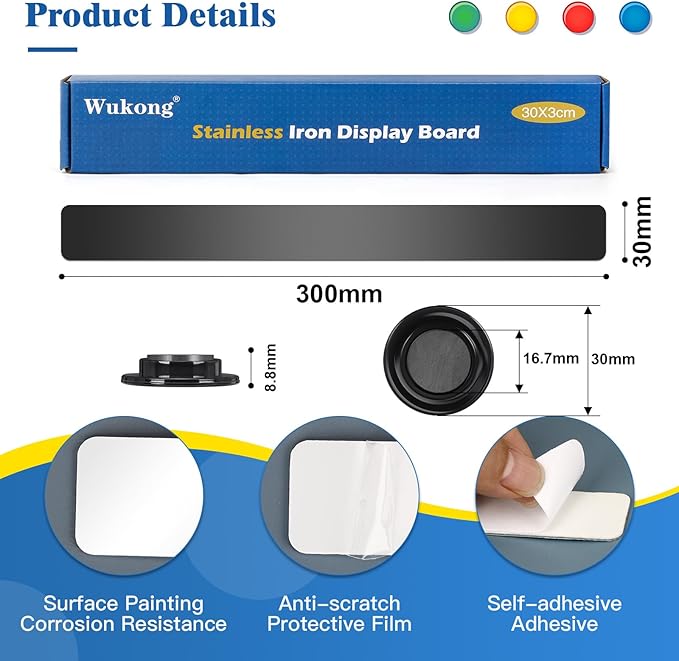 Wukong 10 Pack | 30x3cm(11.81 x 1.18) Magnetic Stainless Black Boards Strips, Adhesive Backing Bulletin Bar Board, Memo Board with 32Pcs Colorful Magnets for Office, Home, Photo Wall, Documents