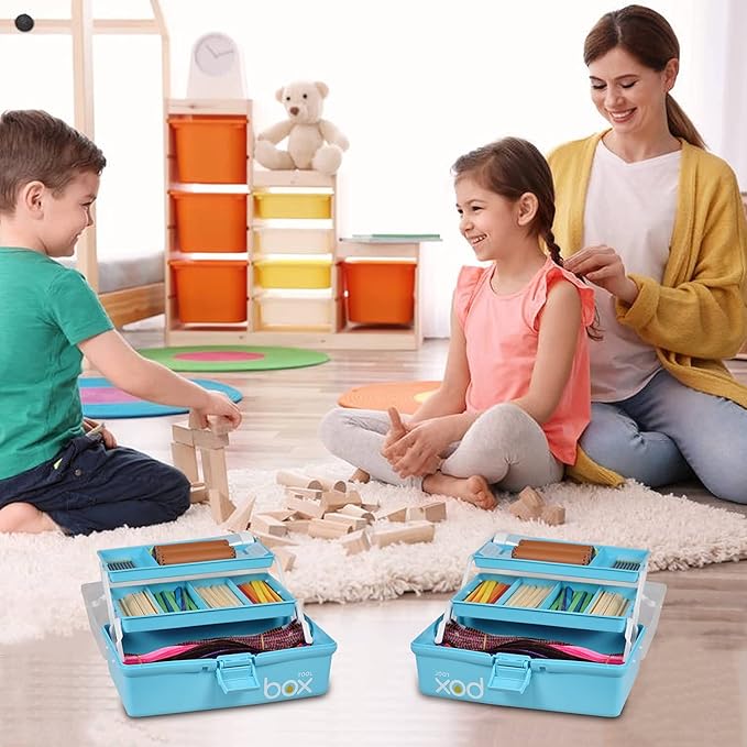 12in Three-Layer Multipurpose Storage Box Organizer Folding Tool Box/Art & Crafts Case/Sewing Supplies Organizer/Medicine Box/Family First Aid Box with 2 Trays (Blue)