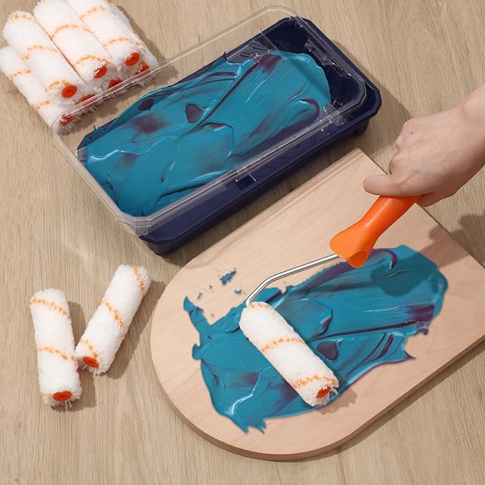 Qilery 32 Pcs Paint Roller Tray Kit 4 Inch Small Paint Roller Includes 20 Pcs Disposable Liners and Tray, 10 Piece Covers Replacement, Frame with Handle for Home Wall Furniture Craft Work Supplies