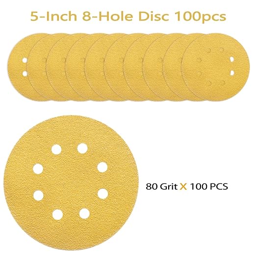 100PCS 5 Inch 8 Hole Sanding Discs 80 Grit,Gold Round Hook and Loop Sandpaper for Random Orbital Sander