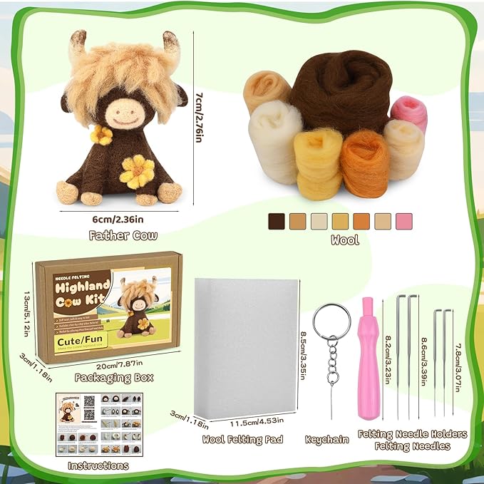 Yizzvb Needle Felting Kit, Highland Cow Needle Felt Beginner Kits with Instruction, Wool, Felting Needles, Felting Pad, Wool Felting Kit for Beginners Home Decoration