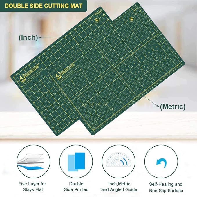 Headley Tools 18"x12" Thickened Self Healing Cutting Mat, A3 Rotary Cutting Sewing Mat for Crafts, Double Sided 5-Ply Table Cutting Board for Fabric Quilting Leather Arts Hobby Project, Green