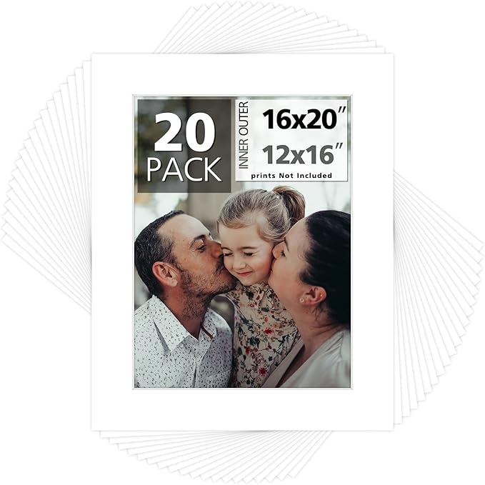 Mat Board Center, Pack of 20, 16x20 for 12x16 White Photo Picture Mats - Acid Free, 4-ply Thickness, White Core - for Pictures, Photos, Framing