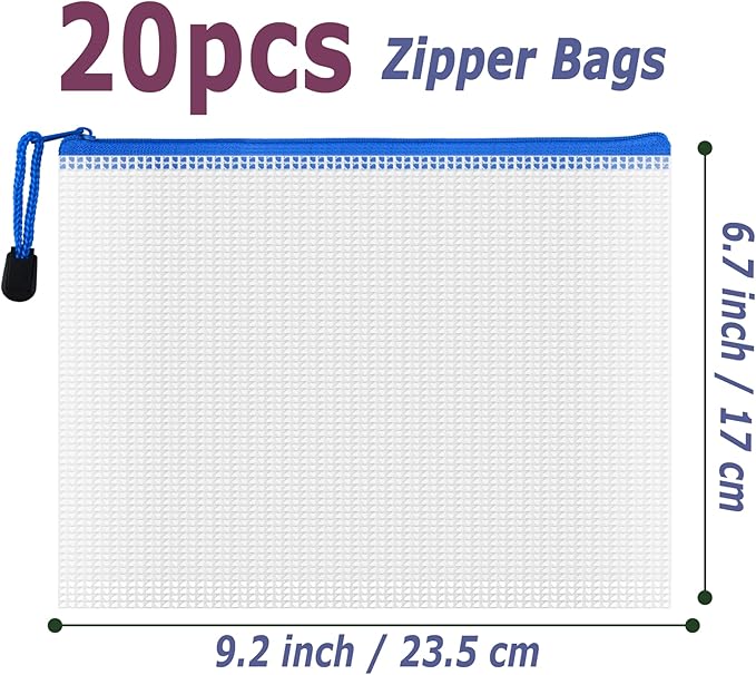 AUSTARK 20 Pcs Zipper File Bags, Plastic Mesh Pouch, Board Game Storage Bag, Waterproof Bags for Office School (A5 Size 9.2''x6.7'', White and Blue)