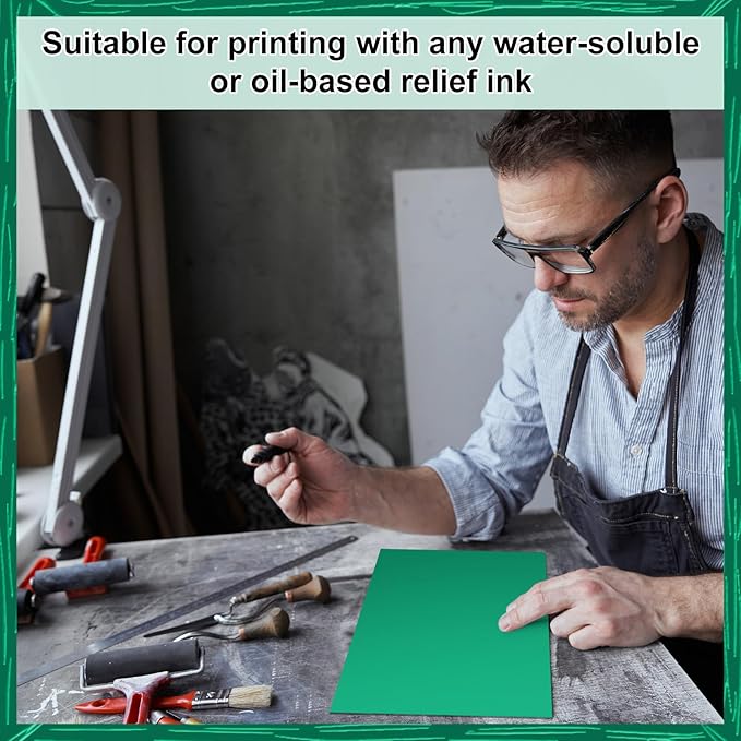 Yeaqee 8 Pcs Linoleum Block Rubber Carving Block Soft Linocut Blocks Large Linoleum Sheet Unmounted Lino Plates for Engraving Art Project Printmaking Artist Studio Supplies (9 x 12 Inch,Green)