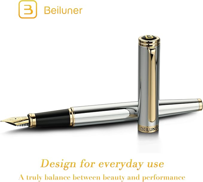 BEILUNER Silver Chrome Fountain Pen,Stunning Luxury with 24K Gold Accents, Gorgeous 24K Gilded Nib(Medium), Fancy Pen Gift for Men&Women -Ink Converter-Elegant, Office,Nice Pen for Writing