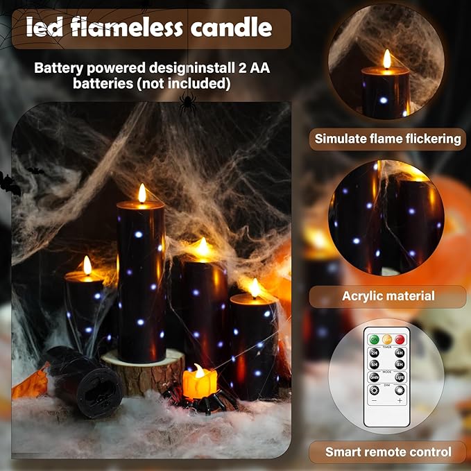 Flickering Flameless Candles,Battery Operated Real Wax LED Pillar Candles with Remote Control and Timer,with Embedded Star String,Set of 9 (Black)