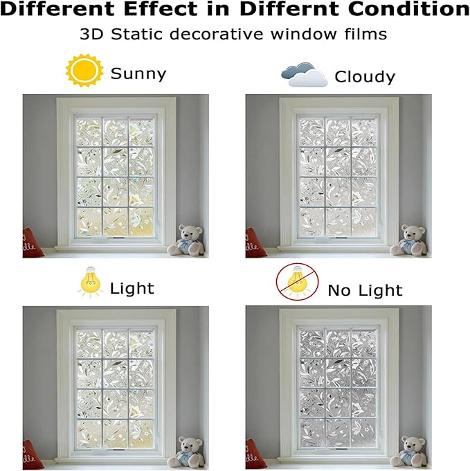 LEMON CLOUD Window Film, Decorative Window Privacy Film, 3D Stained Glass Window Sticker,Anti-UV Sun Blocker Heat Control for Home(Rainbow Tulip Design,23.6 x 157.4 inches)