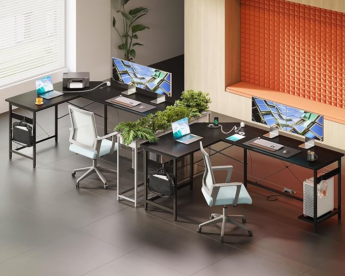 Coleshome 66" L Shaped Gaming Desk with Outlet, L Shaped Desk with CPU Stand, Corner Computer Desk, Home Office Desk, Writing Desk, Black
