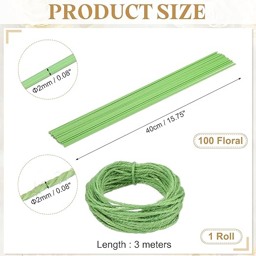 uxcell 100Pcs 2 Gauge Floral Wire, 15.75" Length Flower Stem Wires with 0.08" x 32.8ft Twine for Wreath Making, Flower Arrangement, Light Green