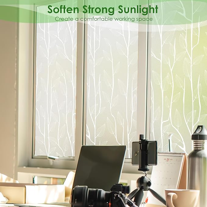 DKTIE Nordic Leaves Window Privacy Film Decorative Stained Glass Sun Blocking Heat Control with Free Installation Tools, Privacy Window Film Day and Night (White, 17.7'' x 118.1'')