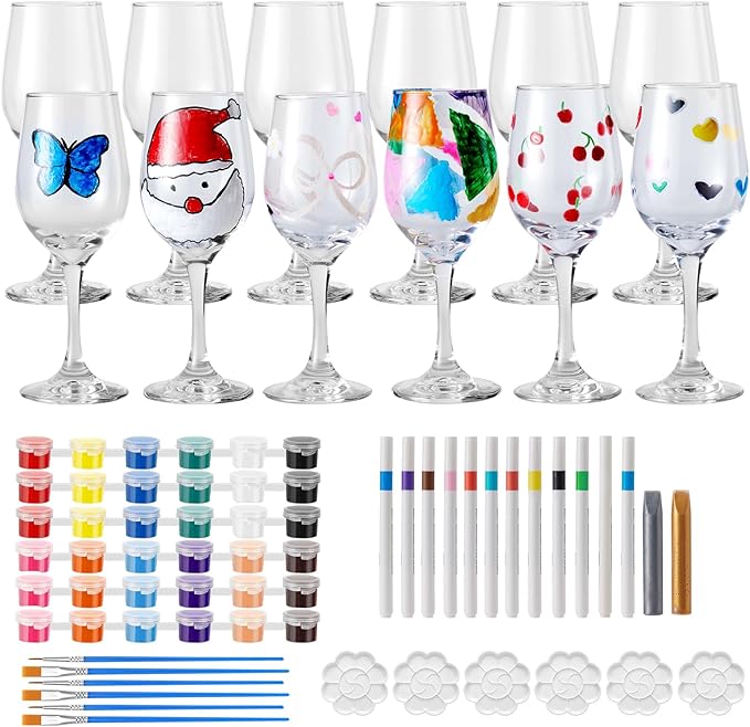 WJXCYGG 6 Sets Paint Your Own Wine Glass Set 6 Wine Glass 36 Glass Painting Acrylic Paint Strips 2 Glass Liner Pen 12 Markers with 12 Brushes and 6 Palette for Adults Lady Night Couple(High Feet)