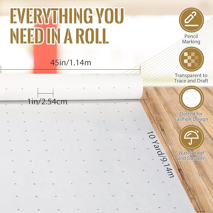 Dotted Pattern Paper for Sewing, 45 Inch x 10 Yards Tracing Paper for Pattern Drafting, Spaced Every Inch Alphanumeric Marking Paper for Dressmaking