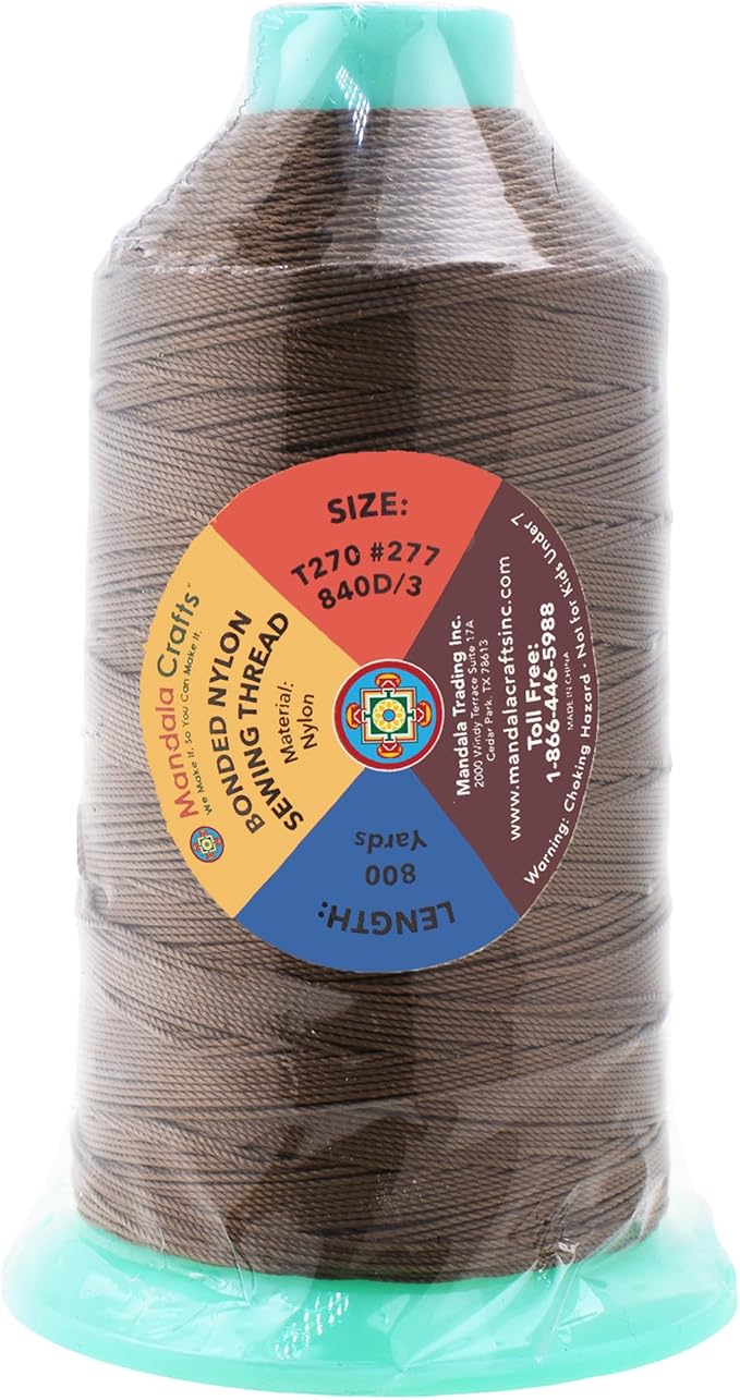 Mandala Crafts Bonded Nylon Thread Coyote Brown Heavy Duty Sewing Threads - 800 YDs Size 277 840D T270 Tex 270 Thread for Leather Jeans Weaving Outdoor Marine Upholstery Threads