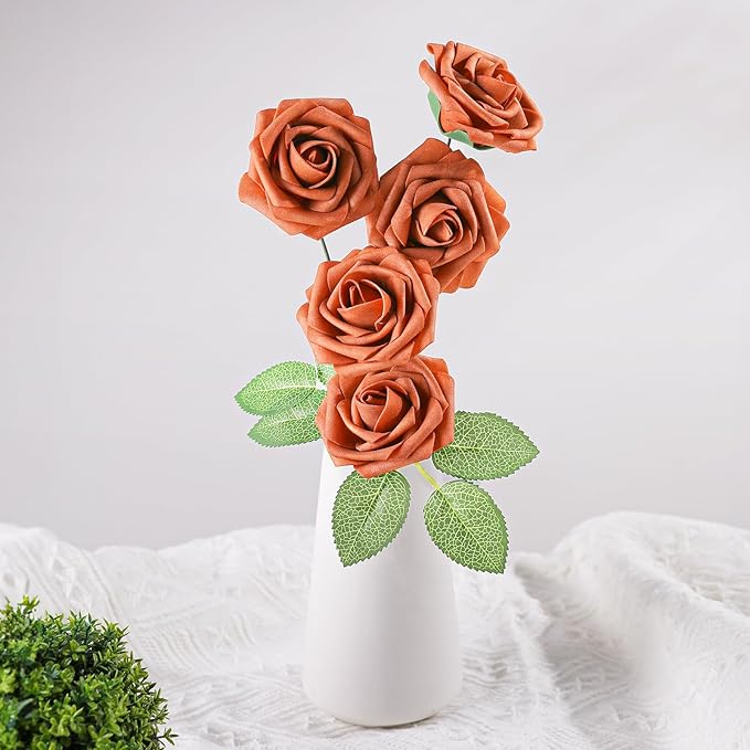 AmyHomie Artificial Flowers Burnt Orange Rose 25pcs Real Looking Fake Roses w/Stem for DIY Wedding Bouquets Centerpieces Arrangements Party Baby Shower Home Decorations