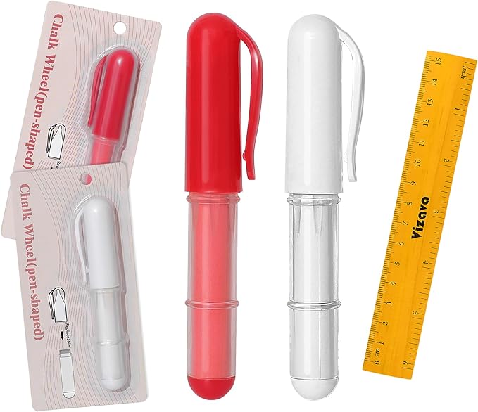 Fabric Chalk Markers for Sewing,Quilting,Crafting|Erasable Tailor Chalk|Work on Various Fabrics|Dosing Wheel Drawing Precise Line(2pk Red,White professional tailors chalks pencil&1Ruler)
